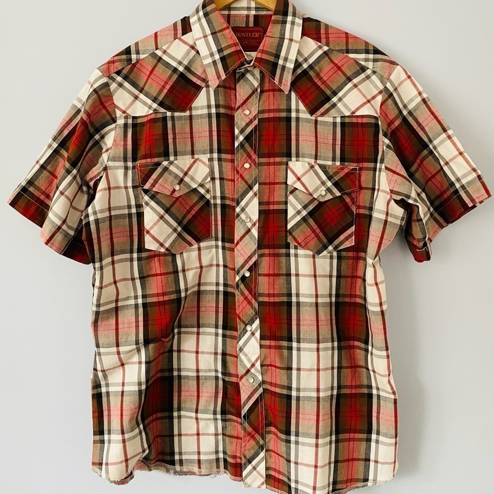 Rustler X-Long Tails Western Pearl Snap Red Plaid Short Sleeve Shirt Mens Large - Picture 10 of 10